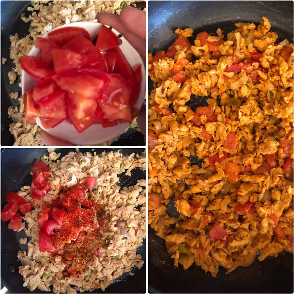 Adding tomato, spices to make the veg kheema stuffing