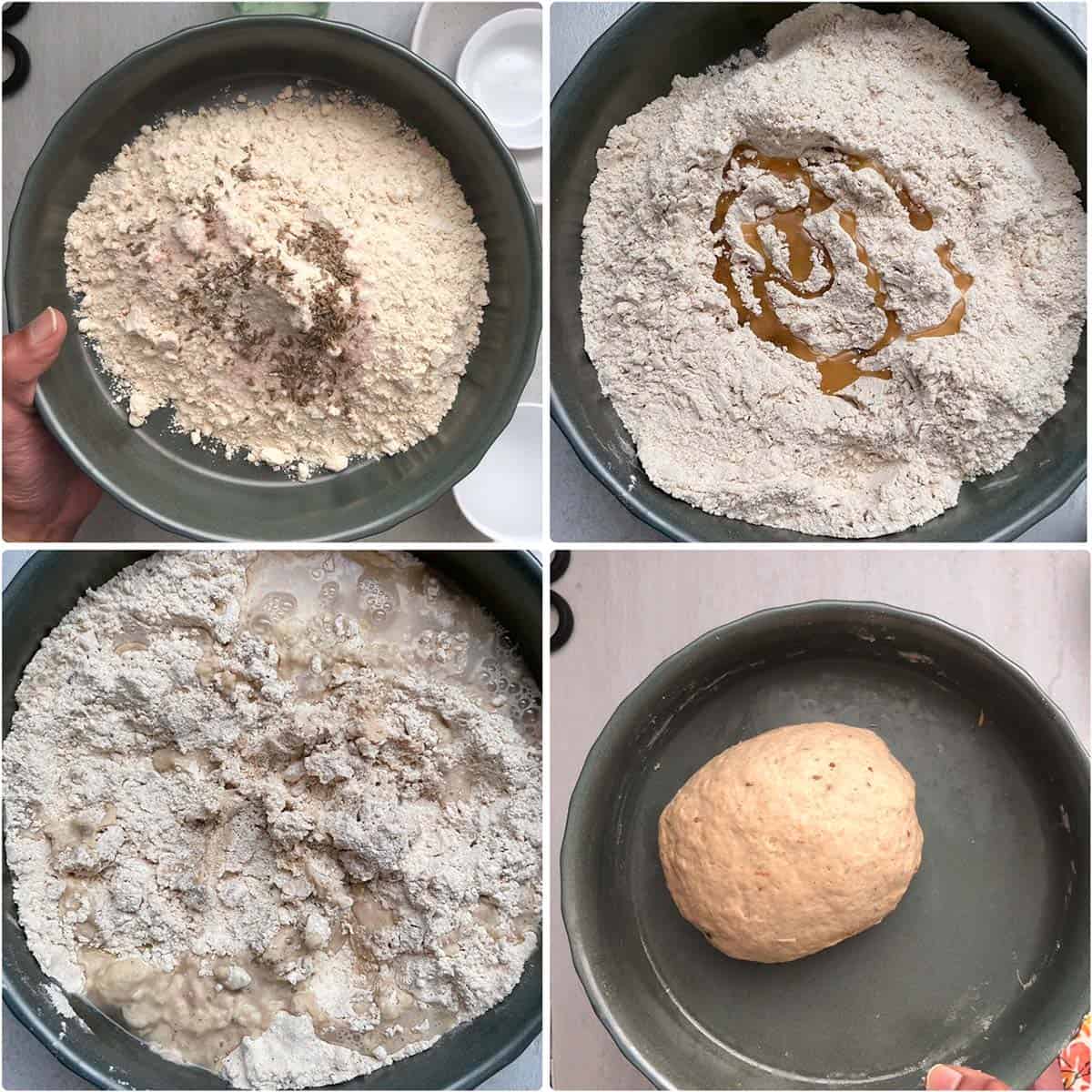 Combining ingredients in a green bowl to make the dough