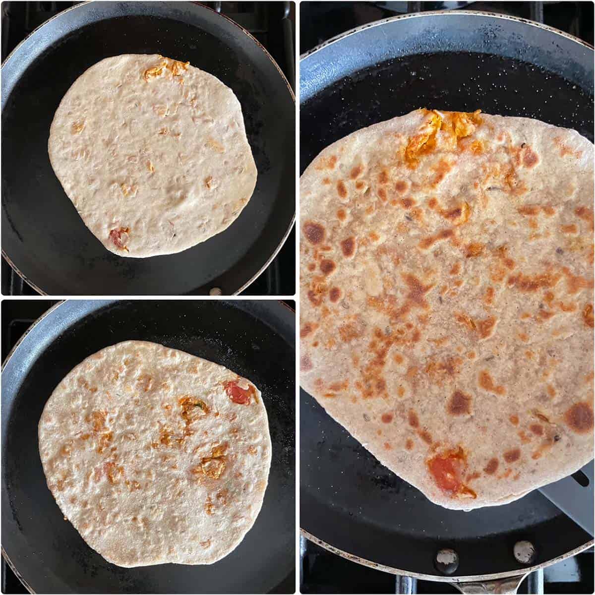 Cooking the veg kheema paratha on a nonstick pan