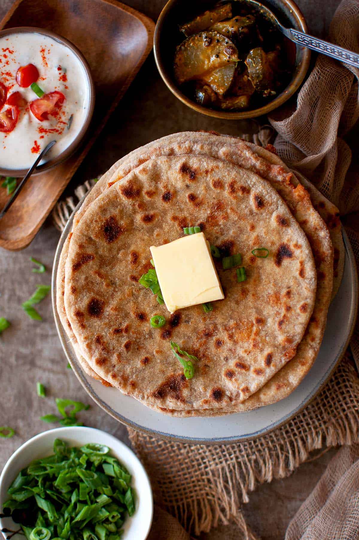 Top view of a stack of veg kheema paratha