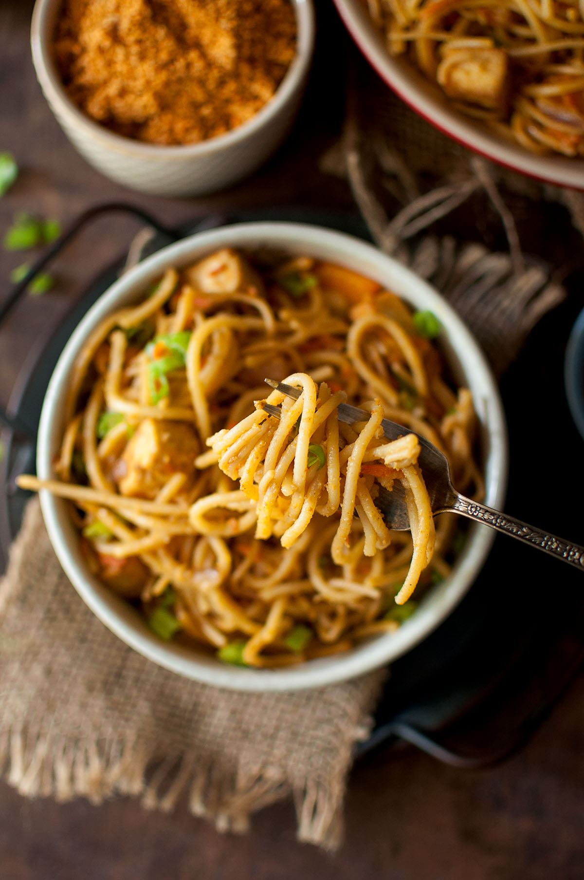 Top view of a bowl with Indian pasta.