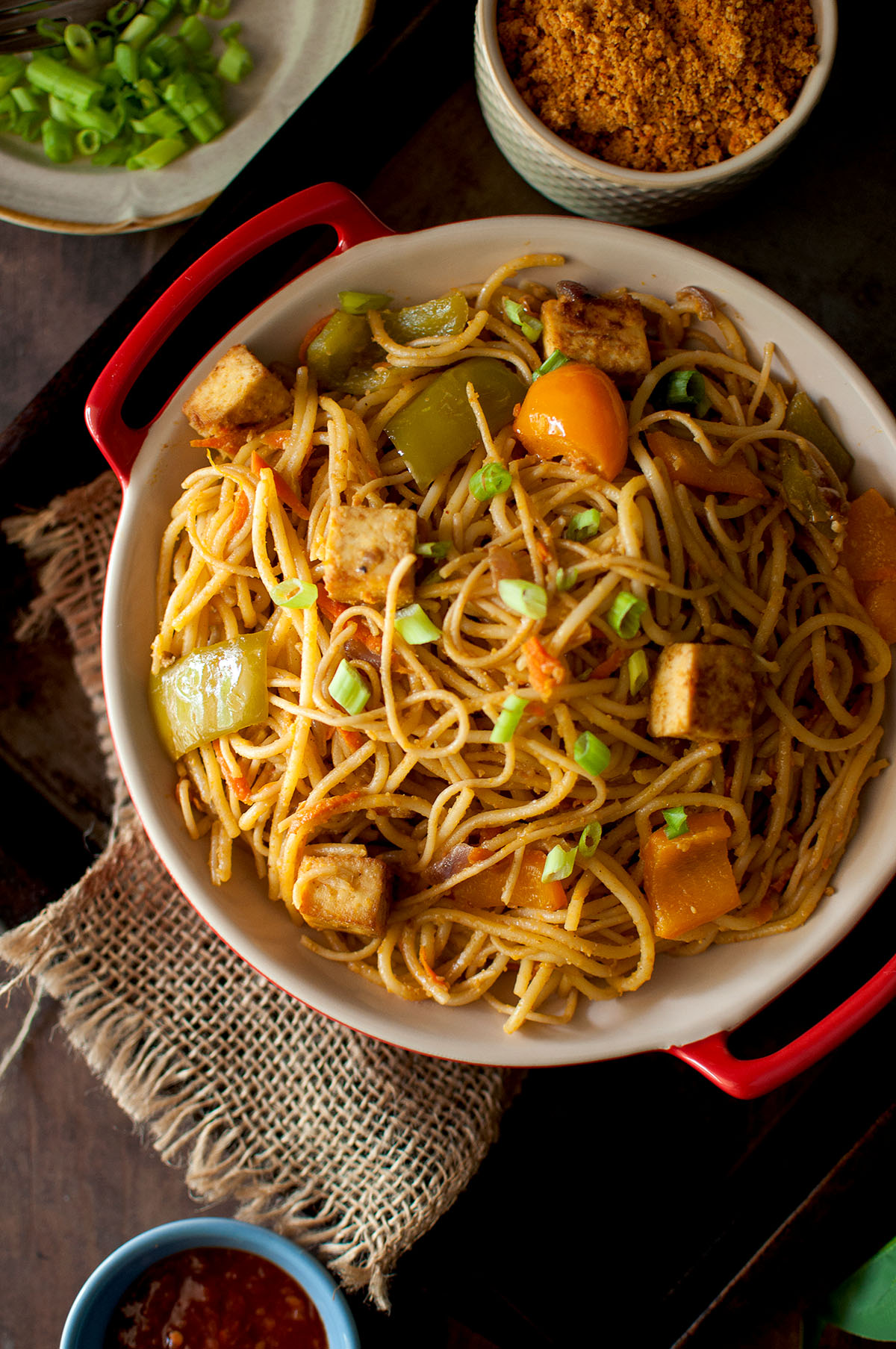 Bowl with peanut and veggie noodles.