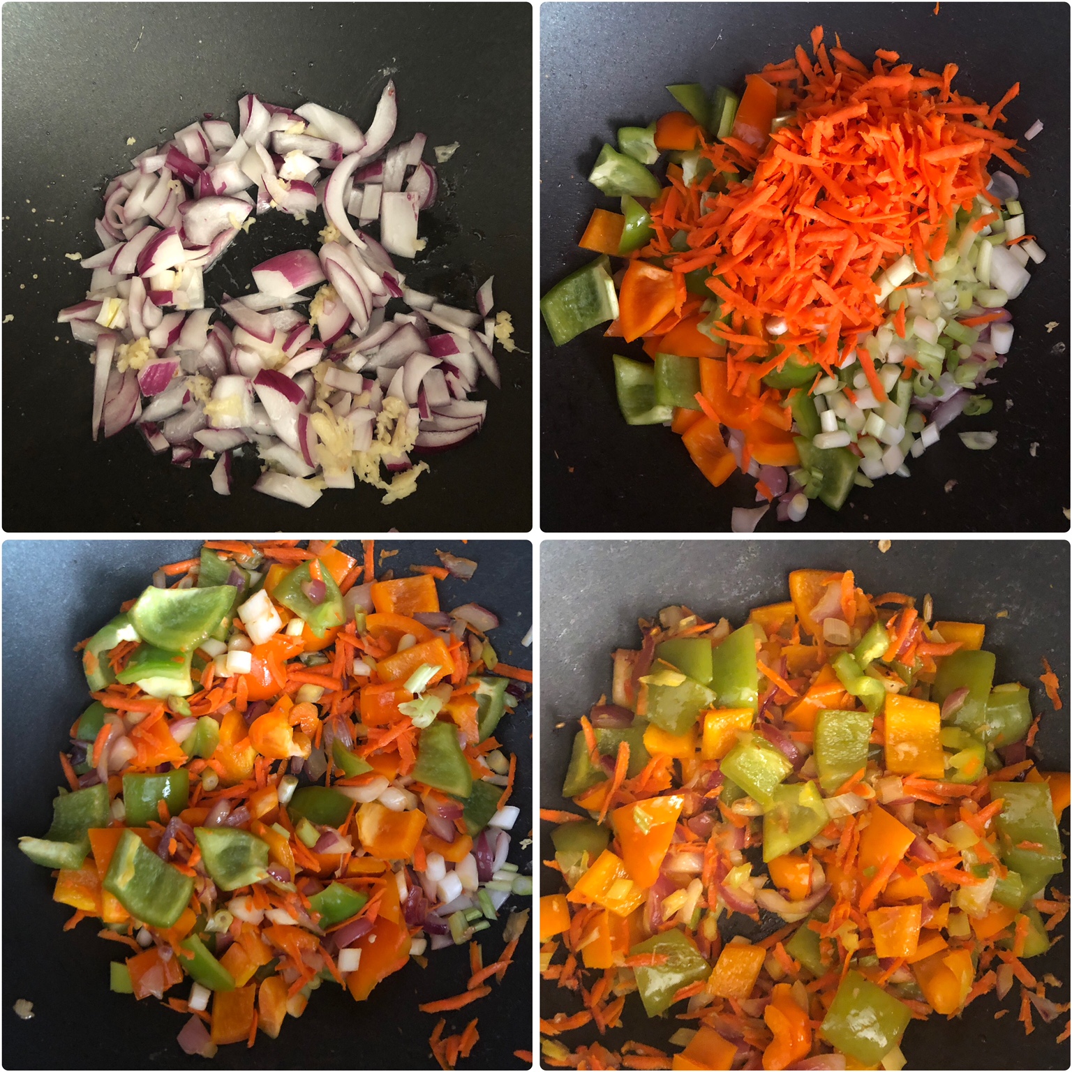 4 panel photo showing the sautéing of vegetables.