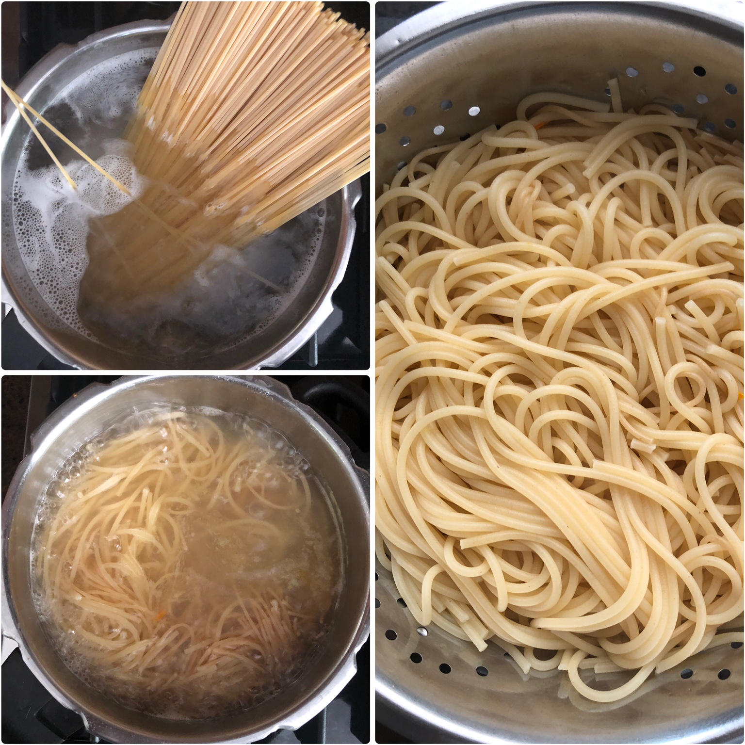 3 panel photo showing the cooking of pasta.