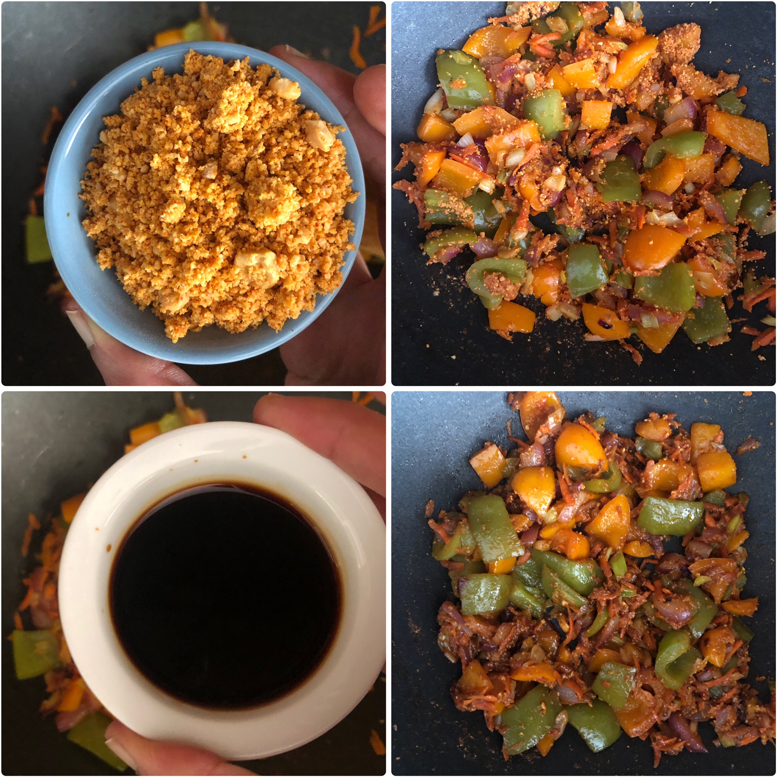 4 panel photo showing the addition of peanut powder and soy sauce to the dish.