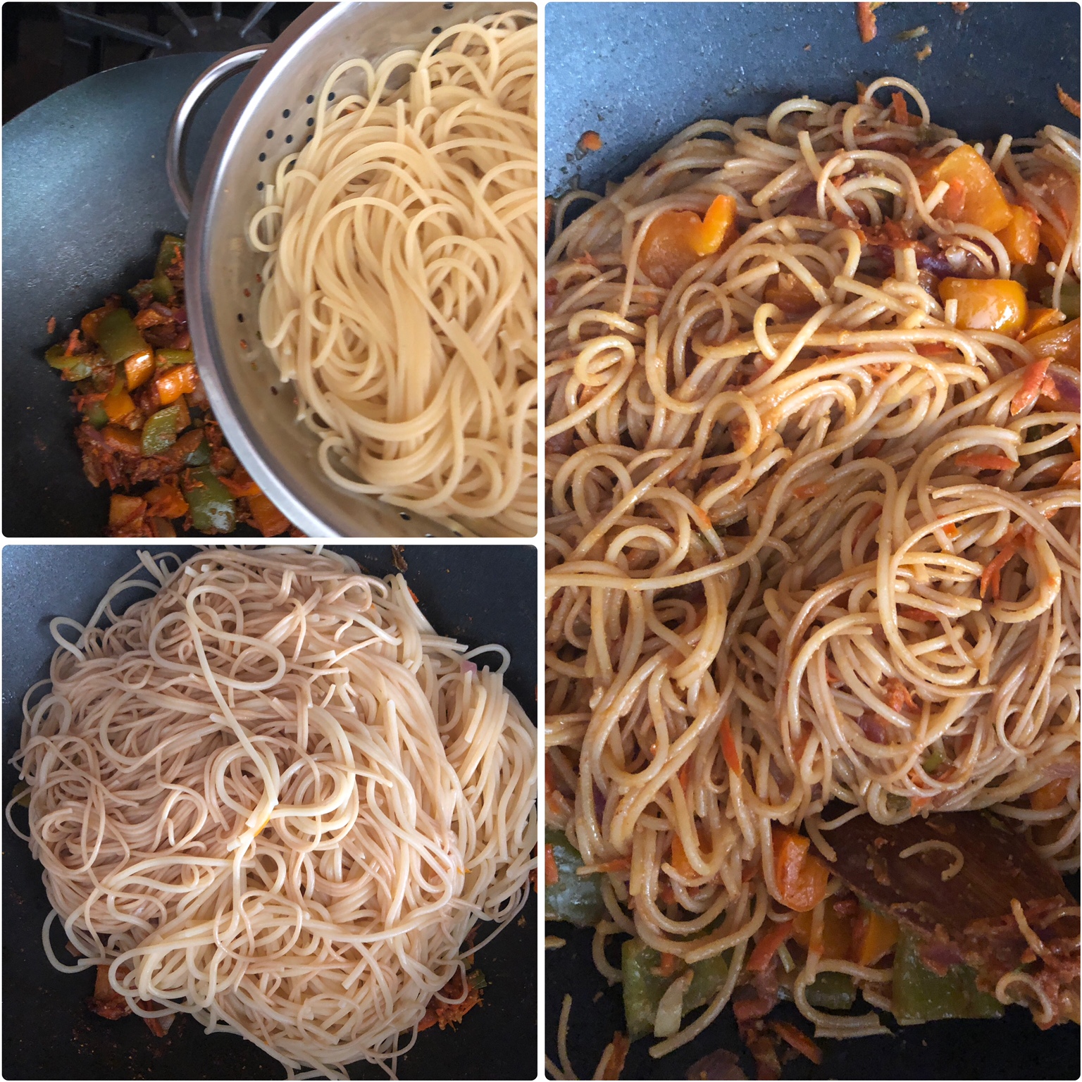 3 panel photo showing the addition of spaghetti.