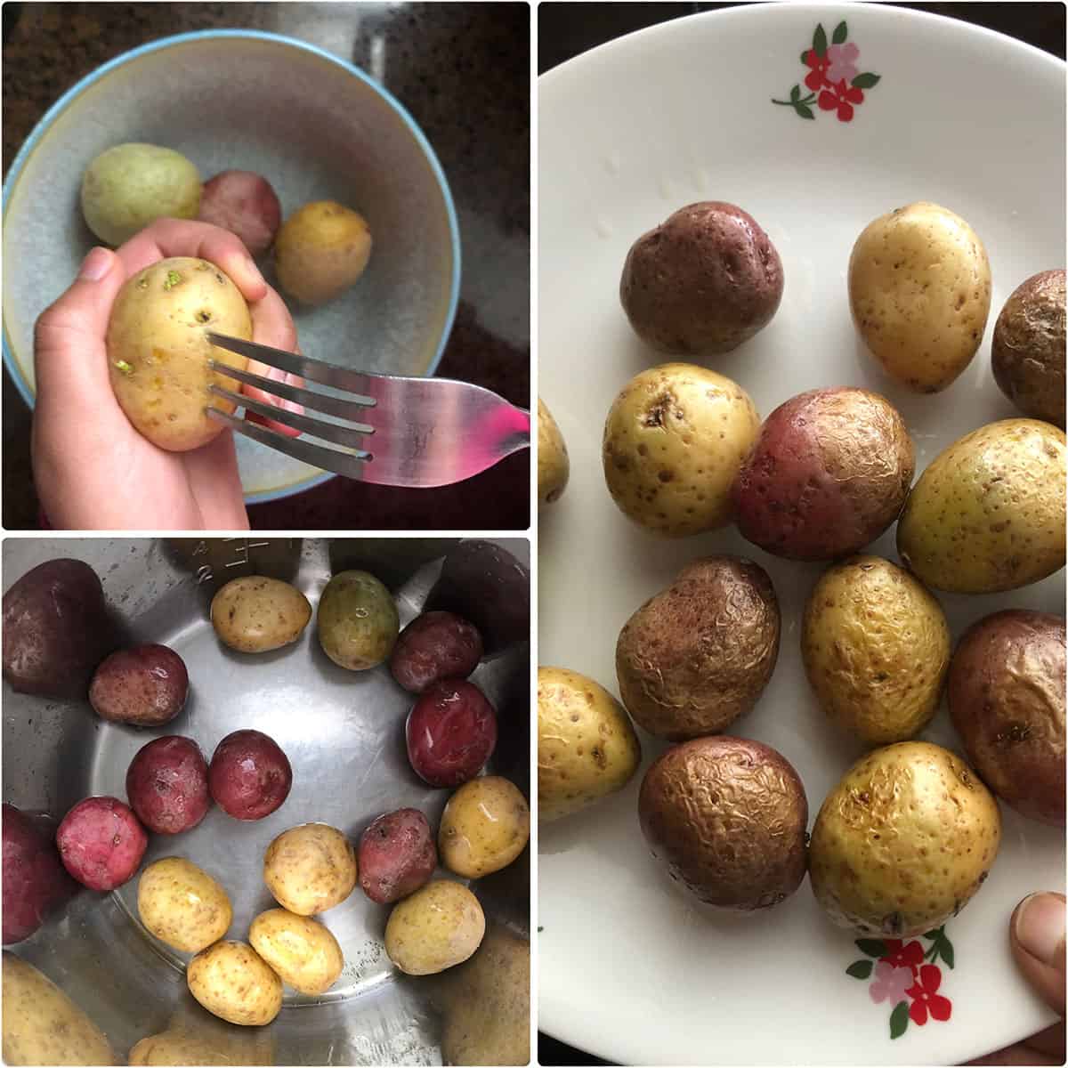 3 panel photo showing the prepping of baby potatoes for the curry.