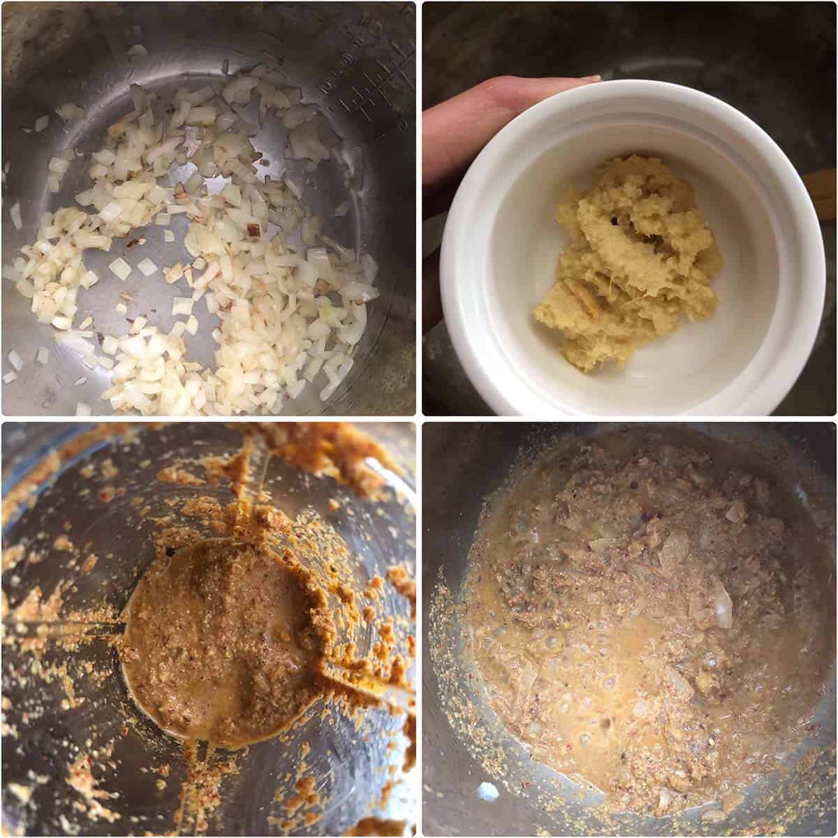 4 panel photo showing the sautéing of onions and other ingredients in Instant Pot.