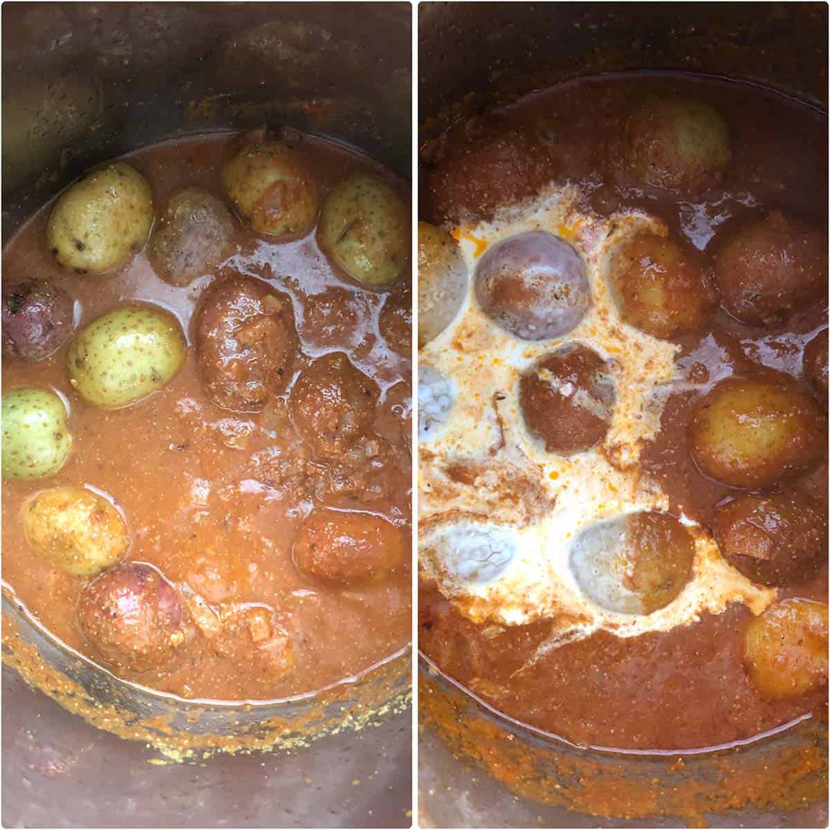 2 panel photo showing the curry with and without adding milk.