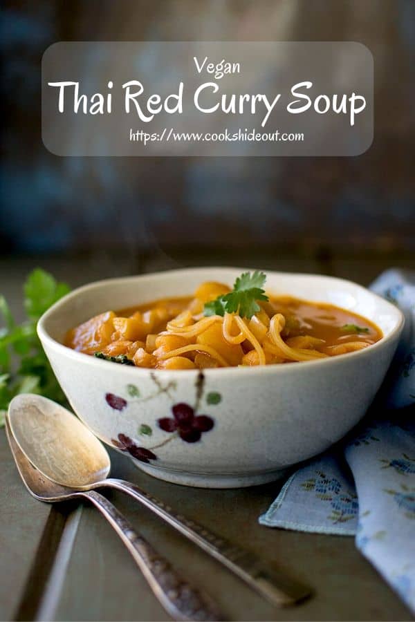 Soup with Thai curry paste, noodles and broccoli