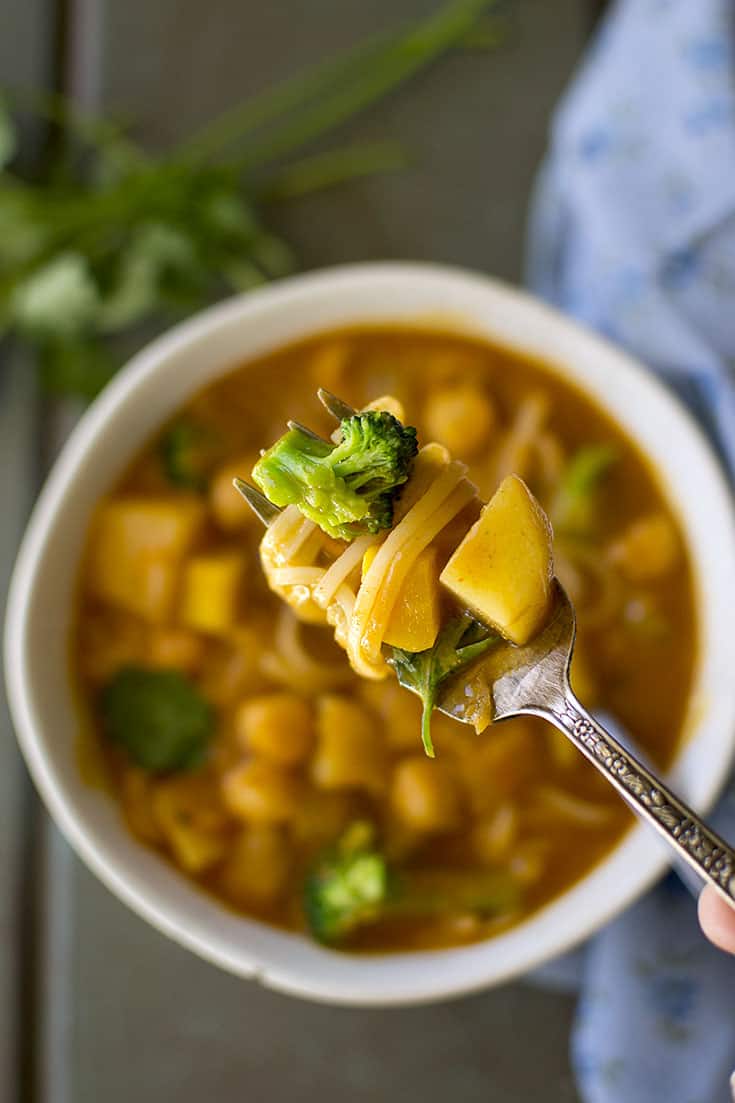 Fork with Noodles, potato and broccoli