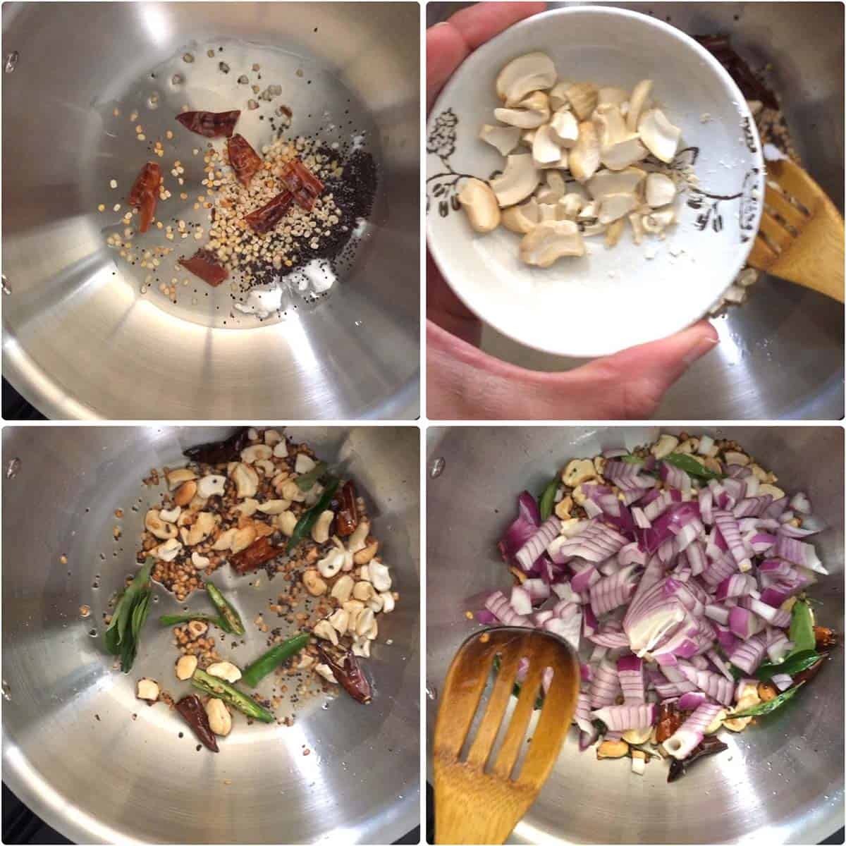 4 panel photo showing the sautéing of lentils, cashews and onions.