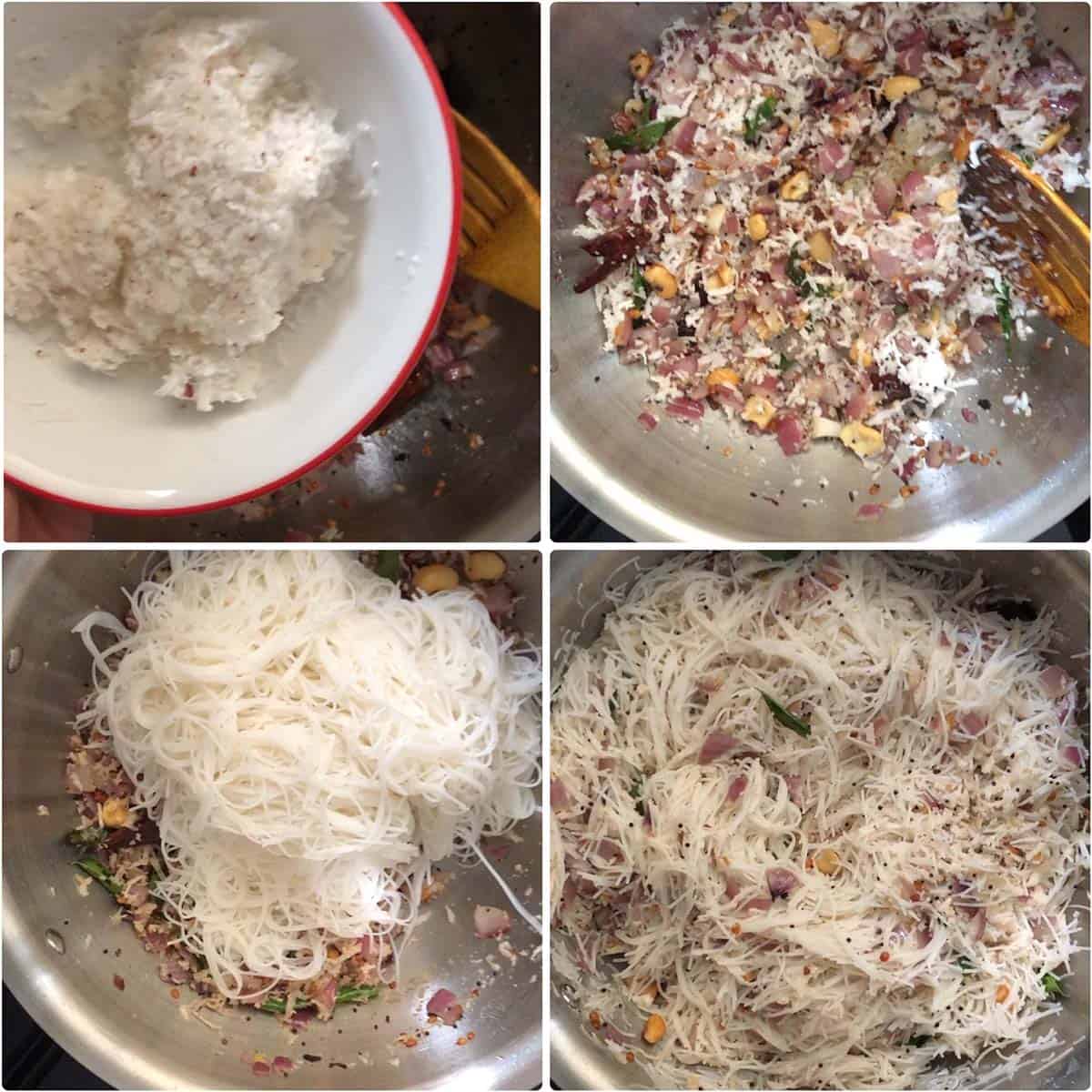 4 panel photo showing the cooking of coconut and vermicelli.