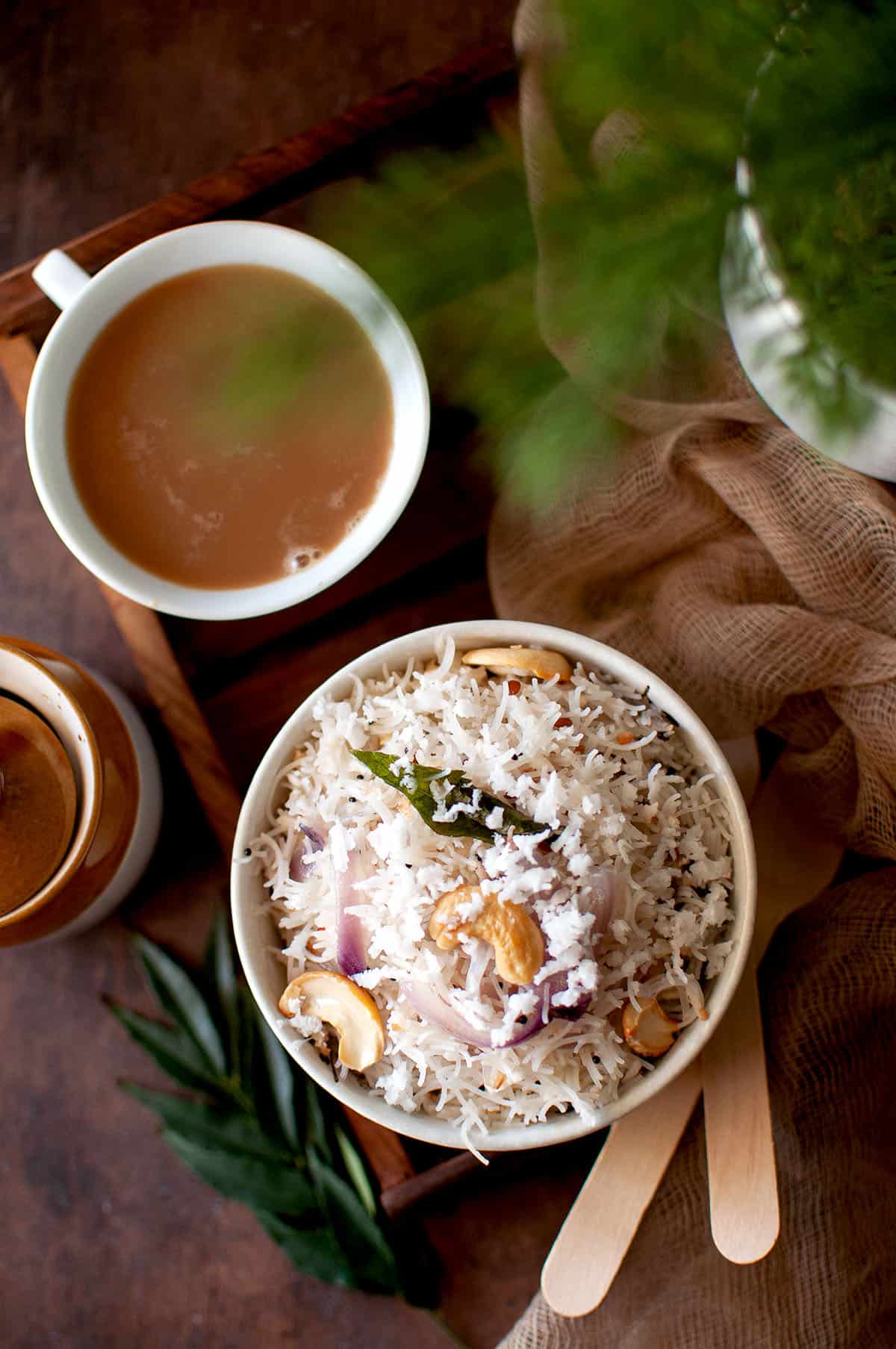 Top view of a bowl of coconut rice noodles.