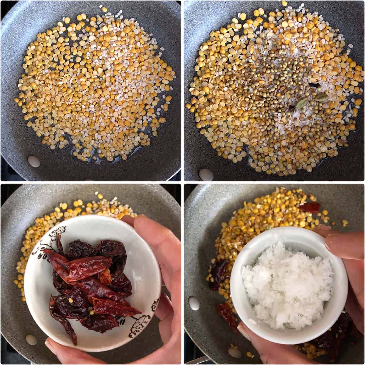 4 panel photo showing the sautéing of spices.