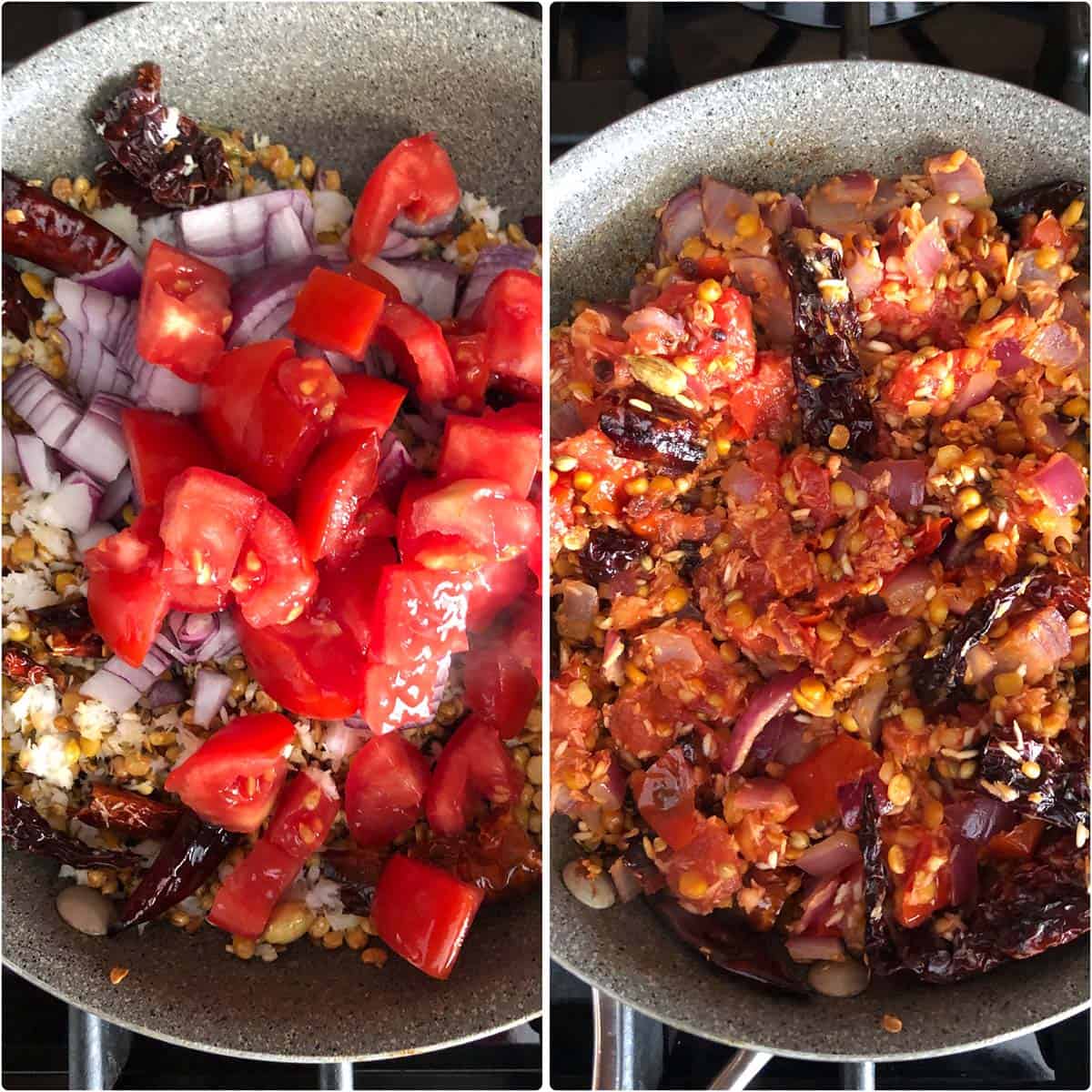 2 panel photo showing the adding onion and tomato to the spices.