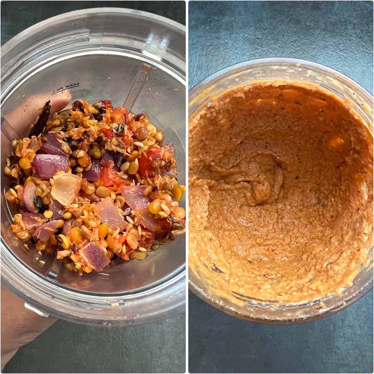 2 panel photo showing the blender jar before and after grinding the spice paste.