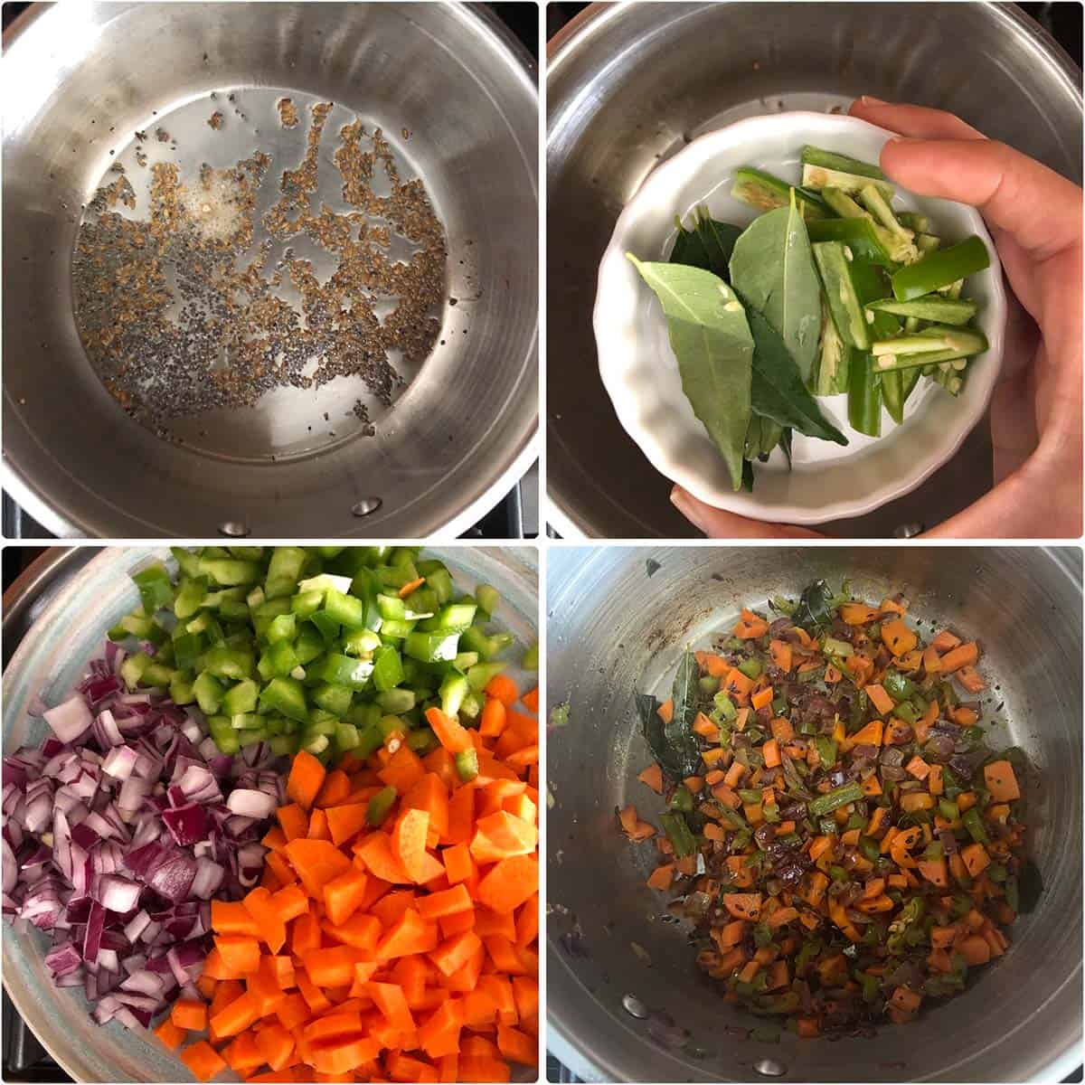 4 panel photo showing the cooking of vegetables in a steel pan.