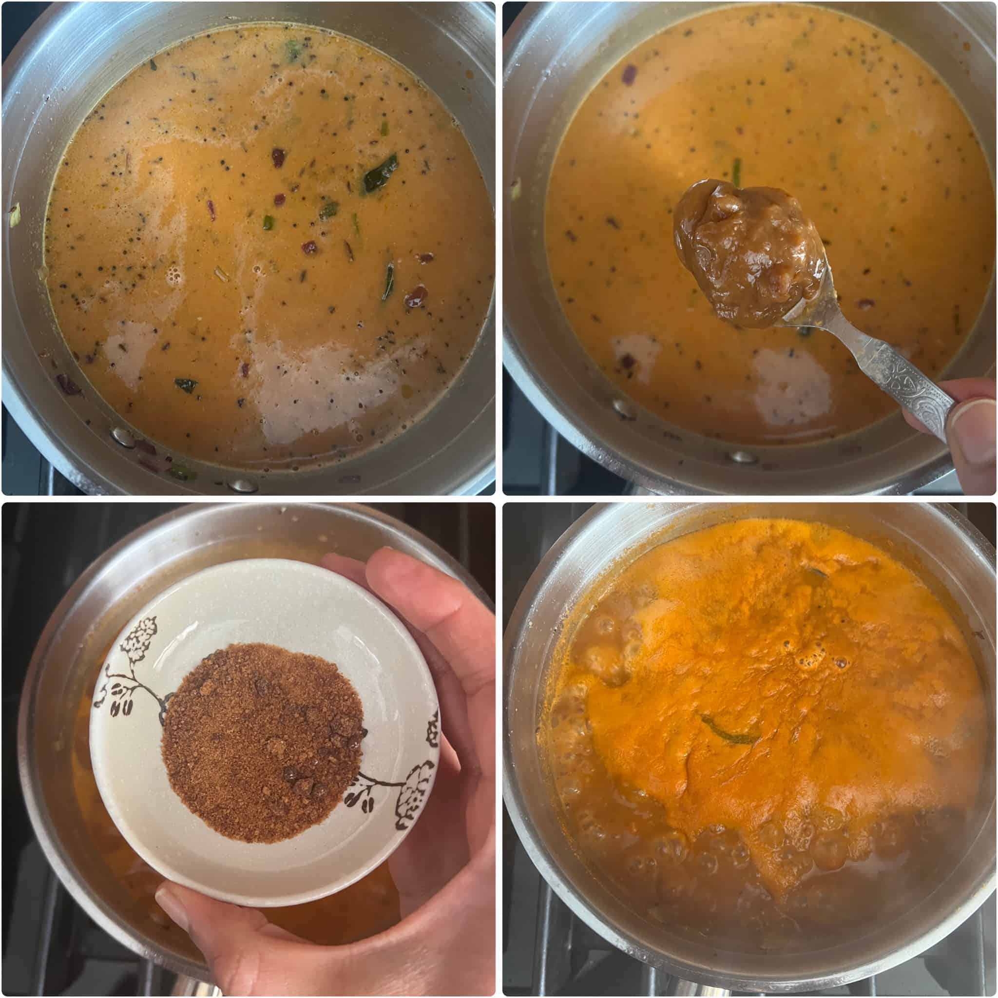 4 panel photo showing the addition of tamarind and jaggery to the stew.