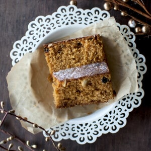 White plate with slices of fruit cake