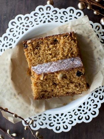 White plate with slices of fruit cake