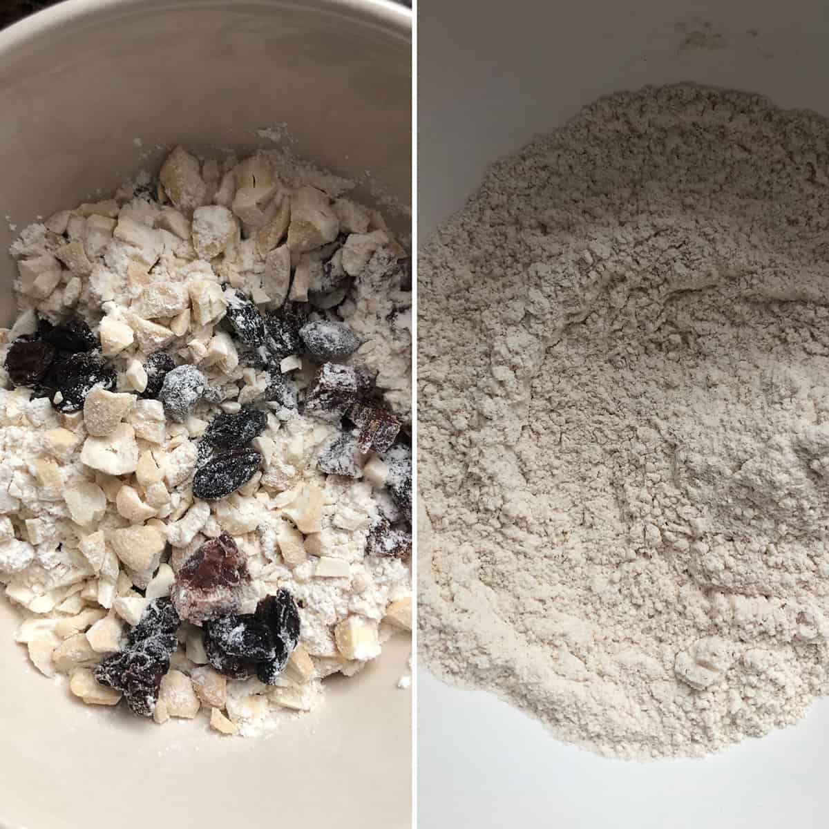 Dry fruit drenched with flour and dry ingredients for the fruit cake