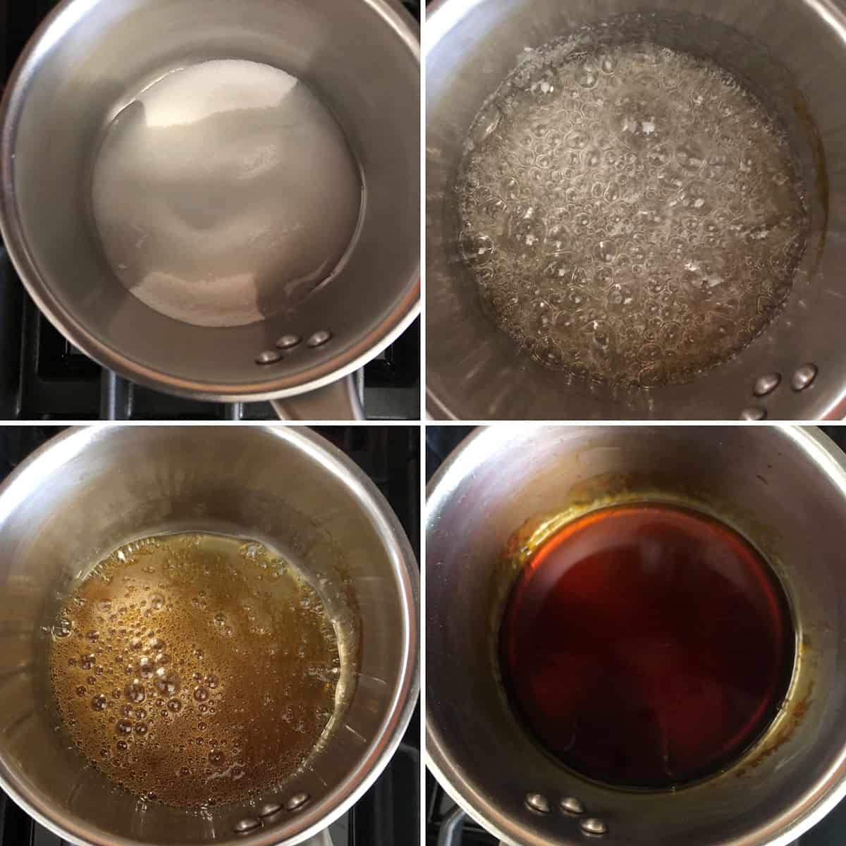 Step by step photos showing the making of caramel sauce 