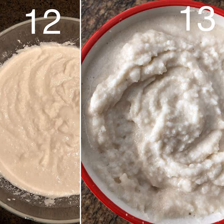 Step by step photos showing unfermented and fermented batter