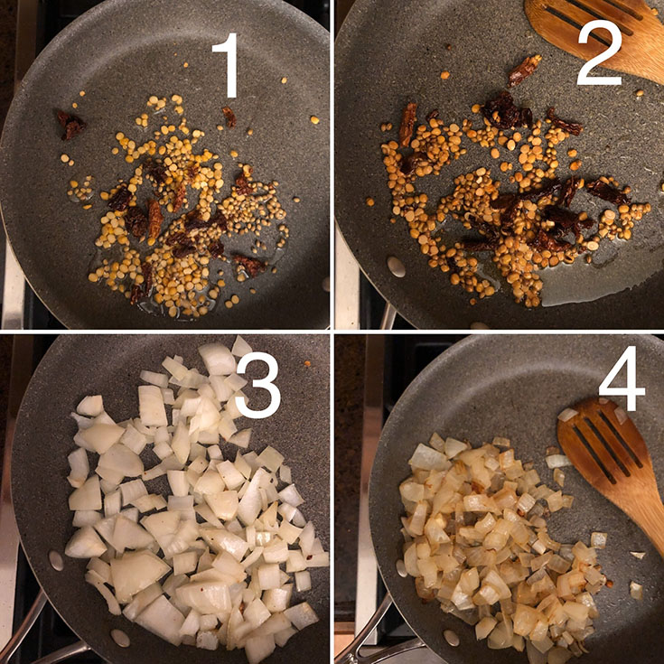 Skillet with oil sauteing lentil, spices and onions