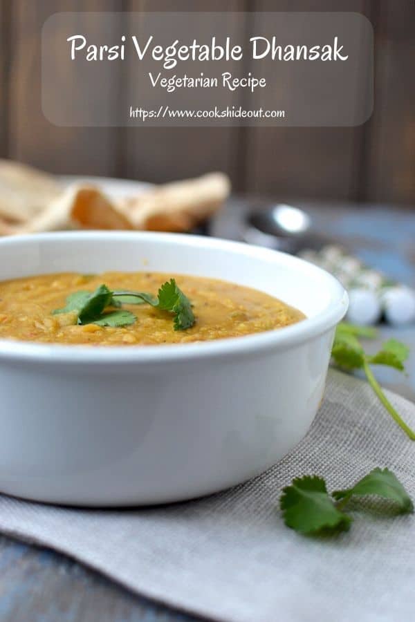 White bowl with Parsi style lentil and vegetable stew