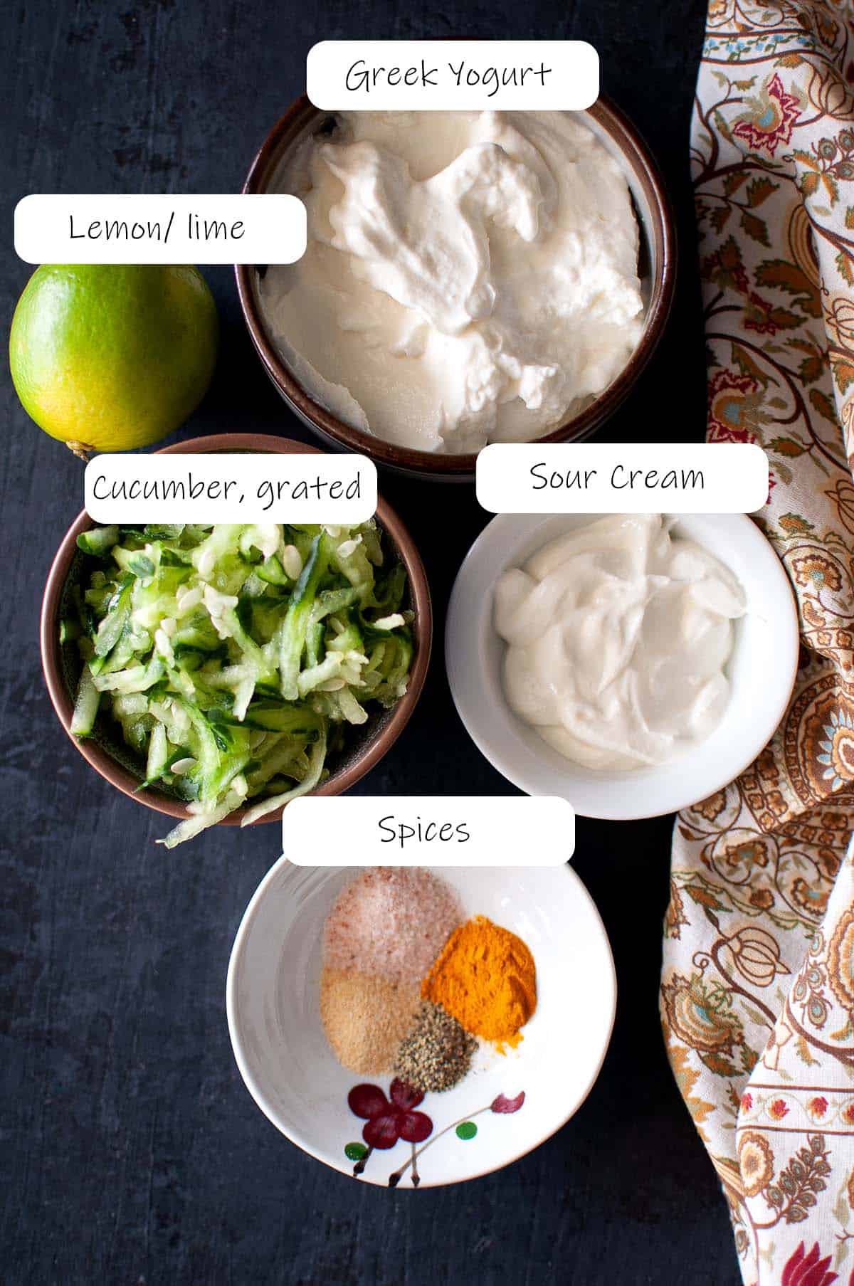 Ingredients needed to make yogurt sauce - details in recipe card.