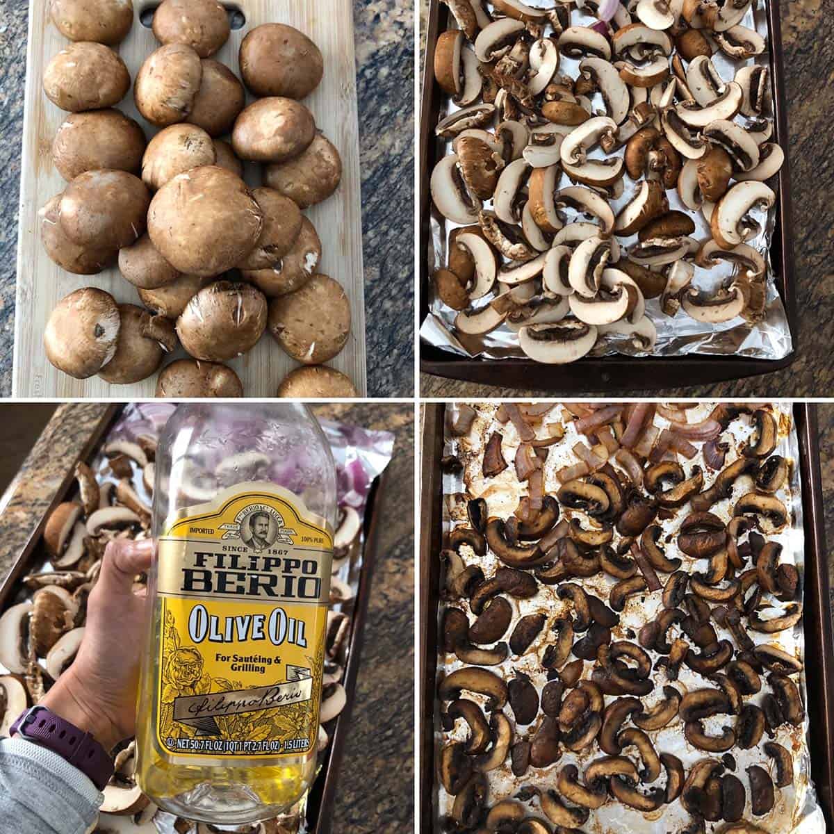 4 panel photo showing roasting of mushrooms with spices and olive oil.