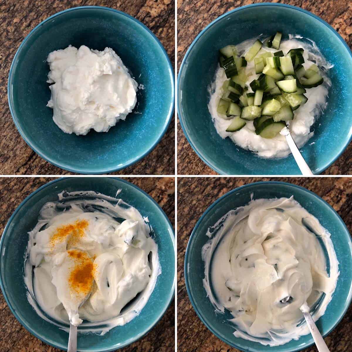 4 panel photo showing the mixing of ingredients for yogurt sauce.