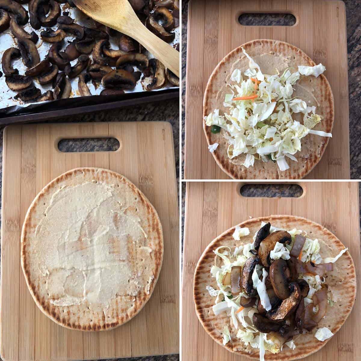 3 panel photo showing the making of wrap sandwich.