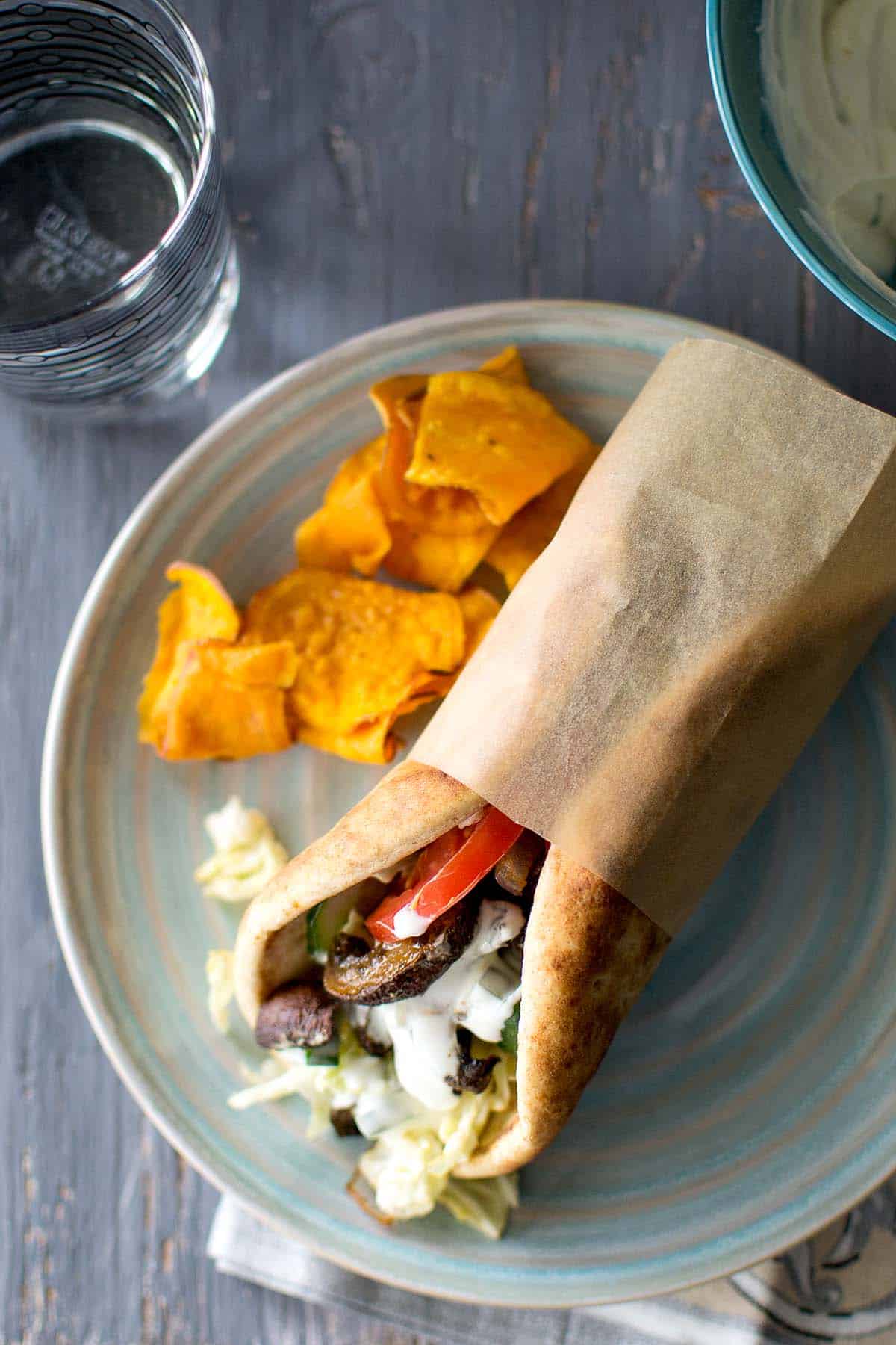 Top view of a folded pita sandwich