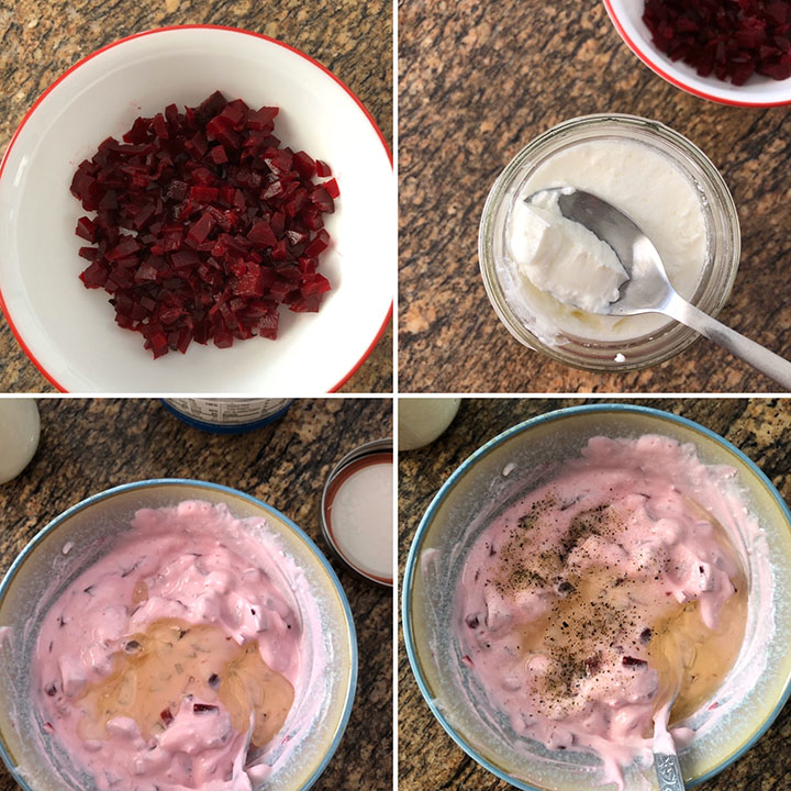 Step by step photos showing the making of beet dip