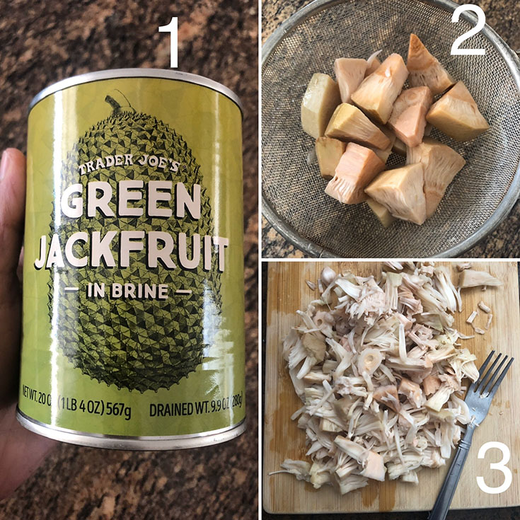 Step by step photos showing can of jackfruit being rinsed, drained and shredded