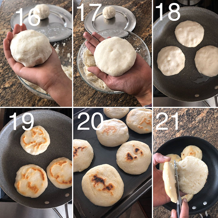 Step by step photos showing the making of arepas