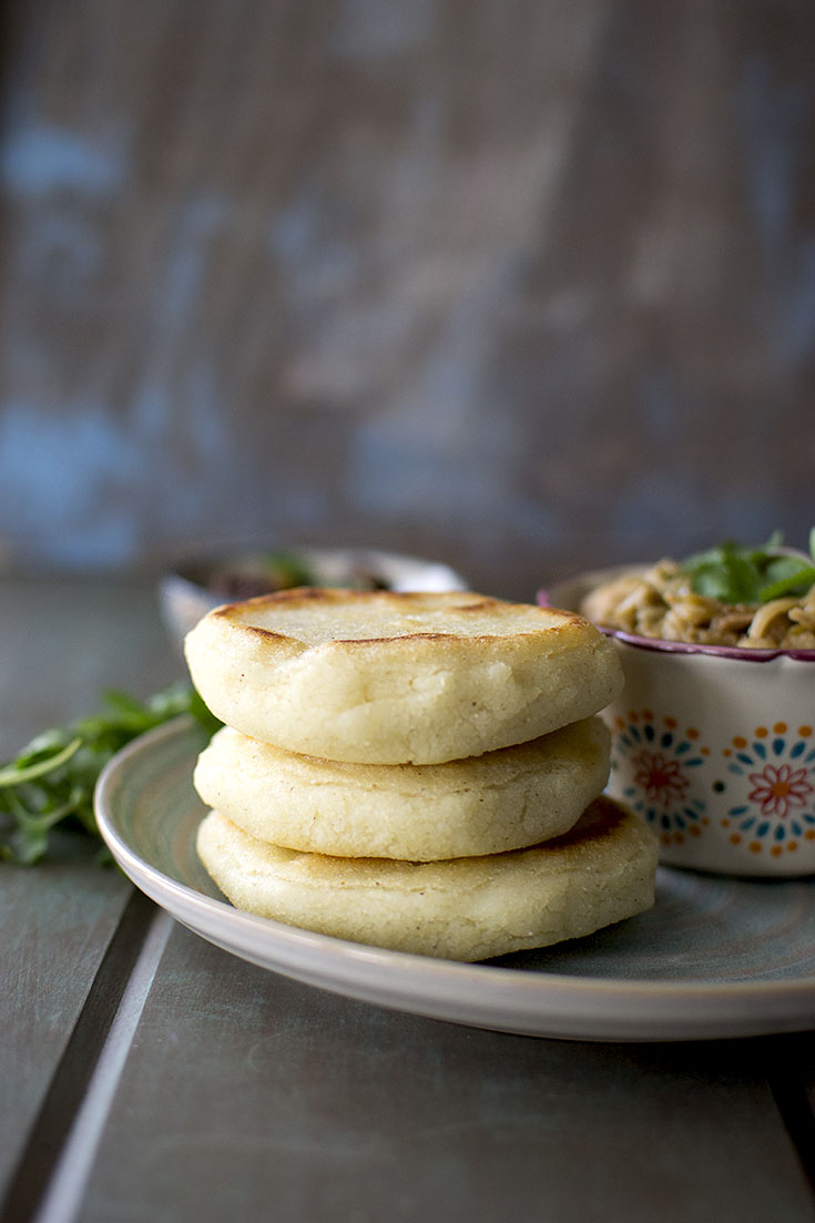 Grey plate with a stack of Venezuelan vegan arepa