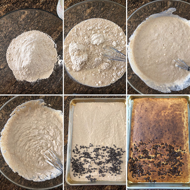 Photos showing mixing of dry ingredients into wet ingredients and making of sheet pan pancakes