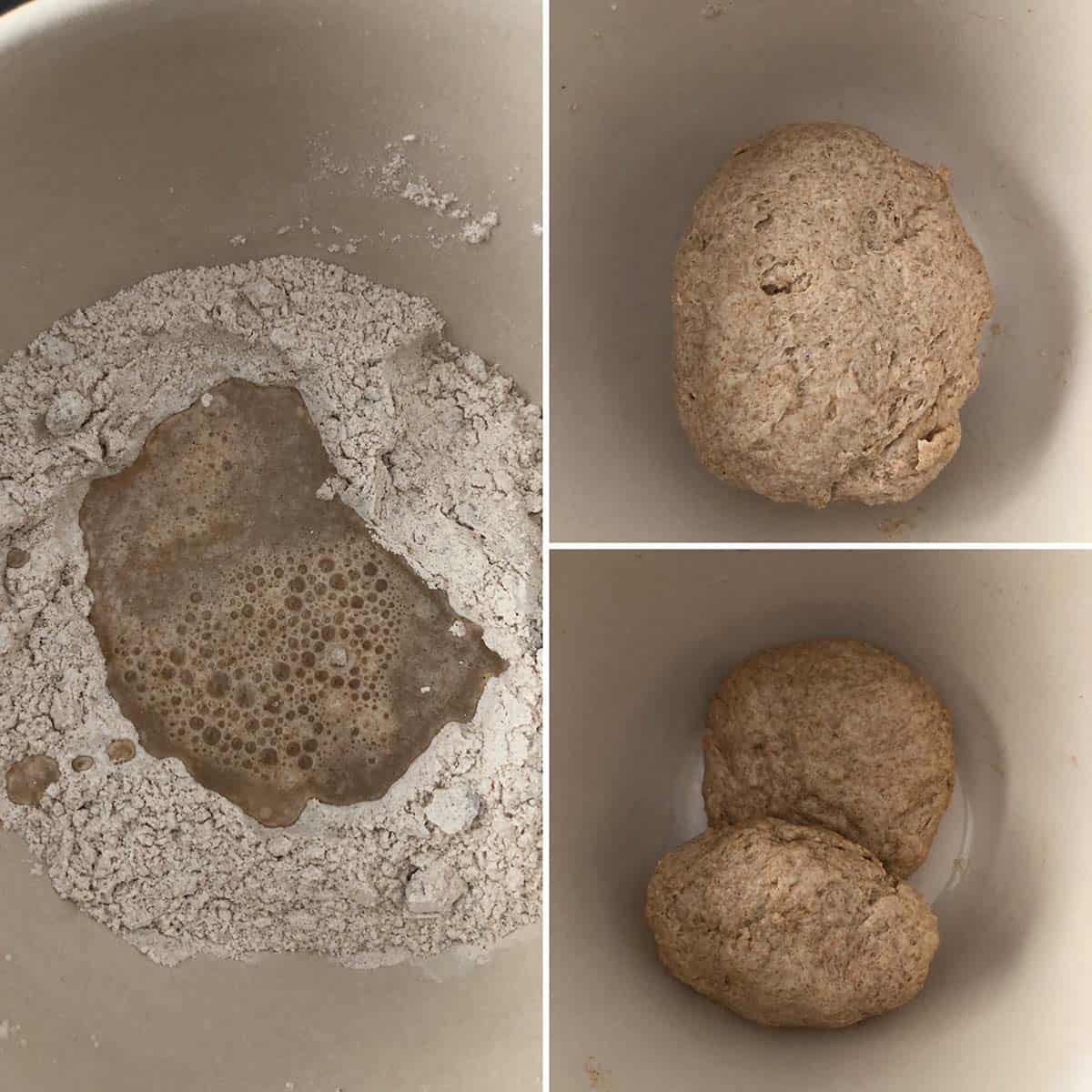 3 panel photo showing the making of the dough.