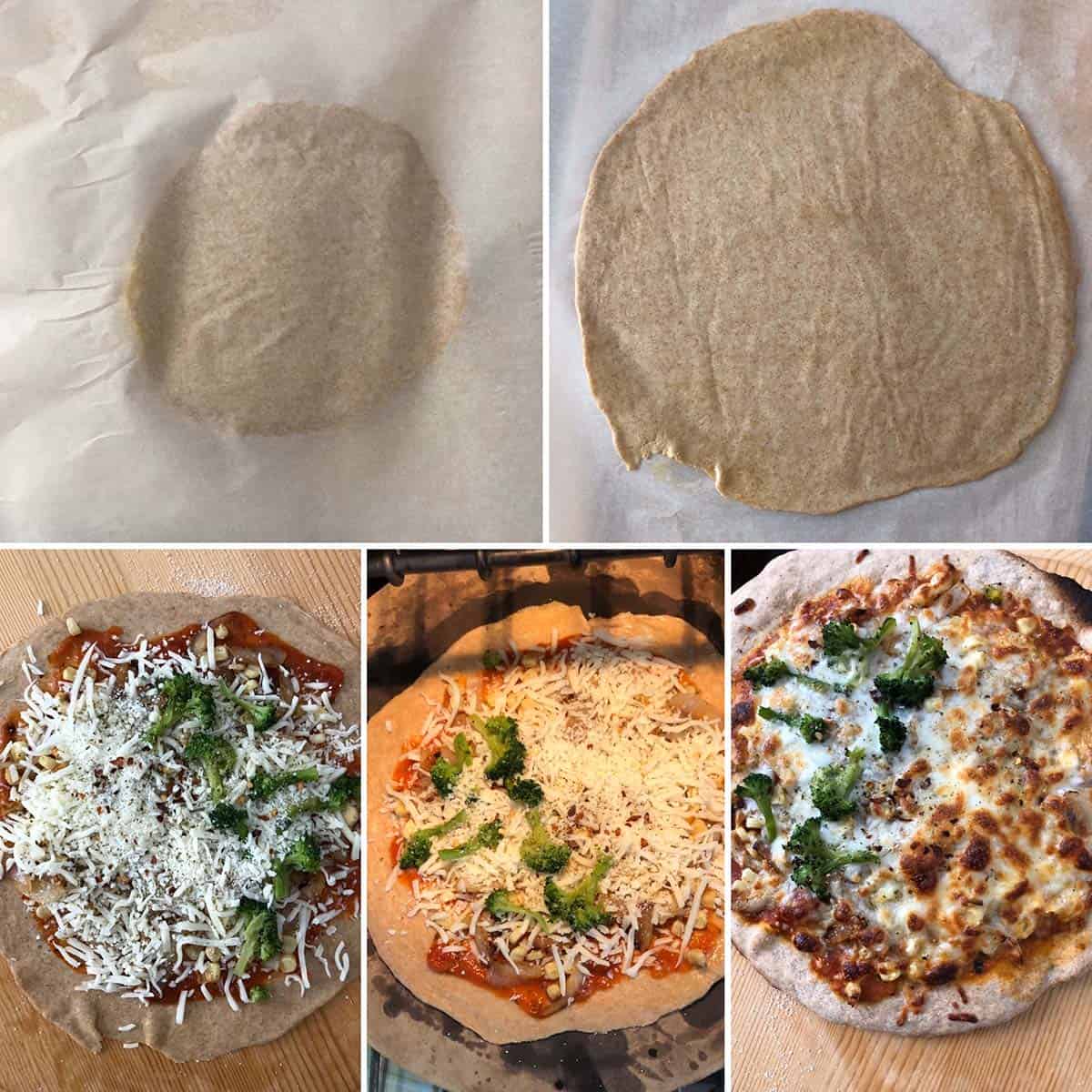 5 panel photo showing the rolling, topping and baking of the flatbread.