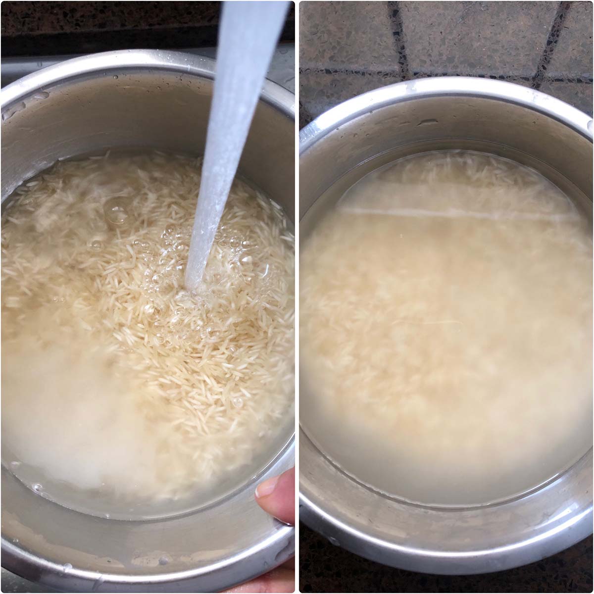 2 panel photo showing the rinsing rice in water.