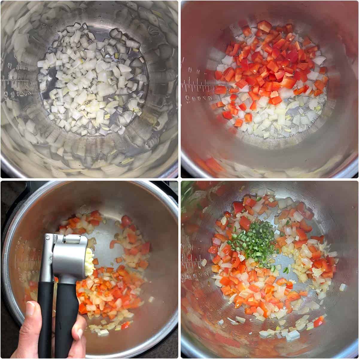 4 panel photo showing the sautéing of veggies in an Instant Pot.