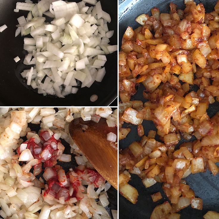 Step by step photos of cooking onions with tomato paste