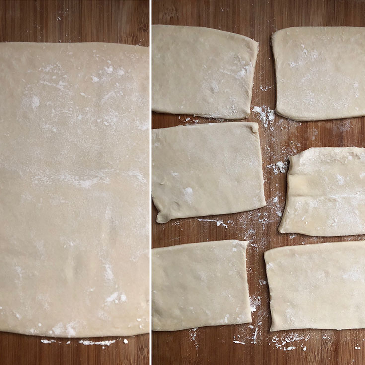 Side by side photos showing thawed puff pastry sheet and one that is cut into rectangles