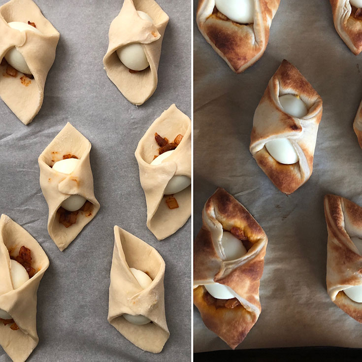 Side by side photos of prepared and baked egg puffs 