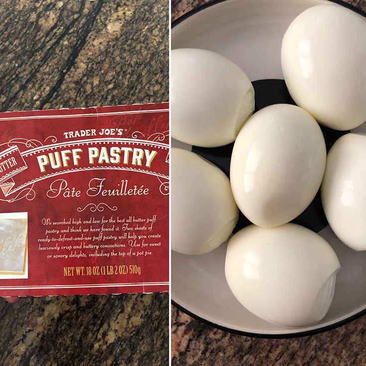 Side by side photos of puff pastry and boiled eggs