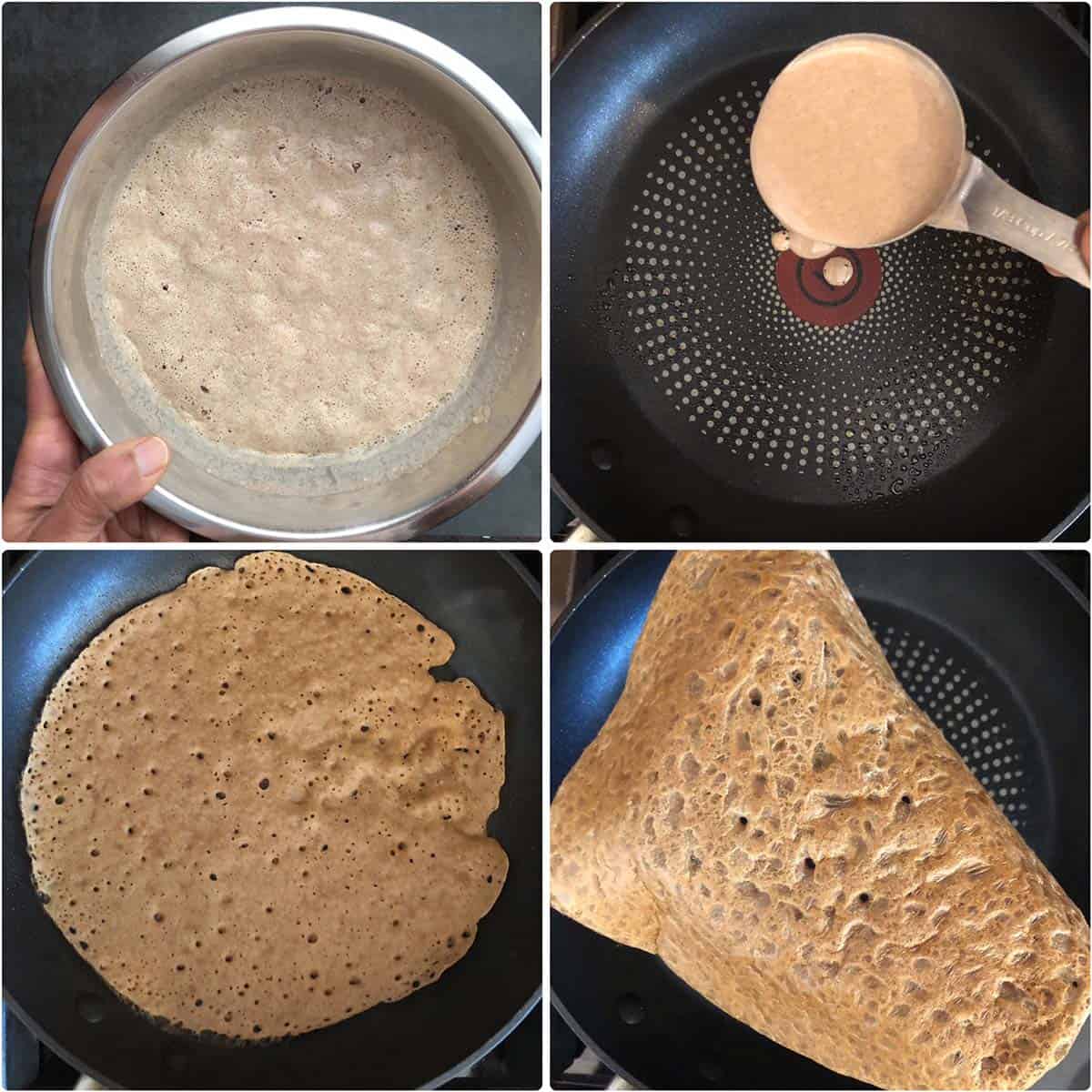 4 panel photo showing the making of Quick Injera in a nonstick pan.