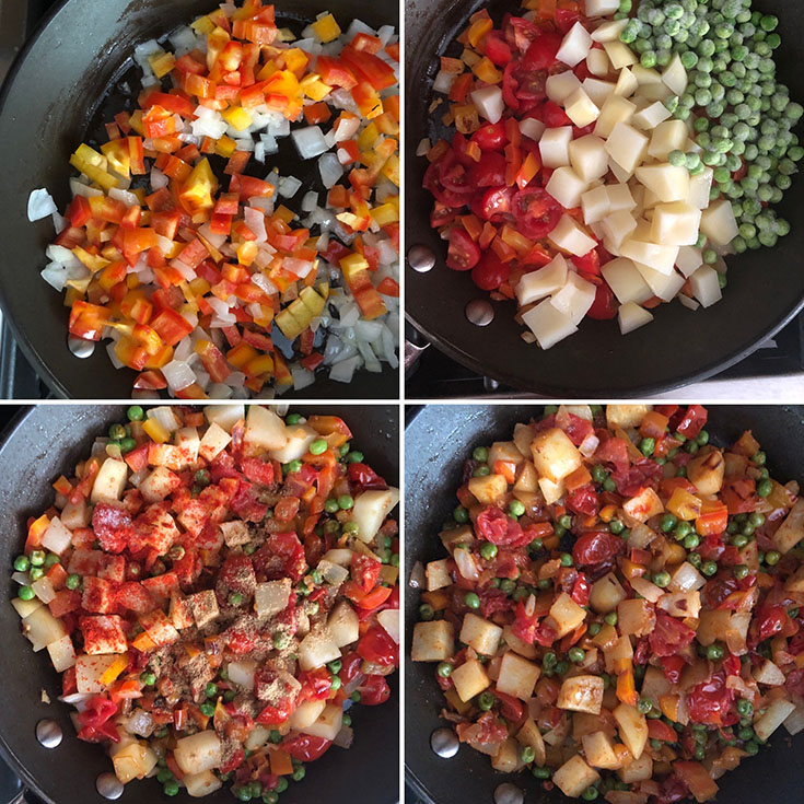 Step by step photos showing the cooking of onions, bell peppers, tomatoes, potatoes, peas and spices